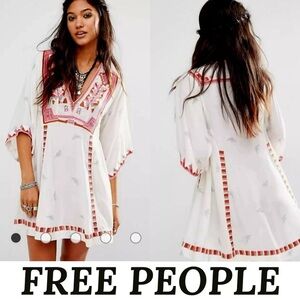 Free People Embroidered Boho Tunic Mini Dress – Ivory White Peasant V-Neck M